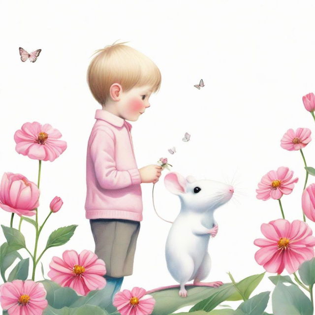 A curious boy and a small white mouse gazing at each other while standing on a vibrant pink flower, set against a stark white background