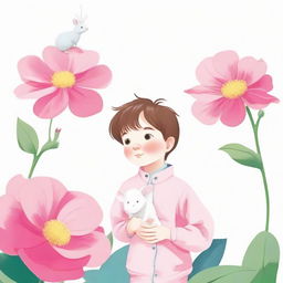 A curious boy and a small white mouse gazing at each other while standing on a vibrant pink flower, set against a stark white background