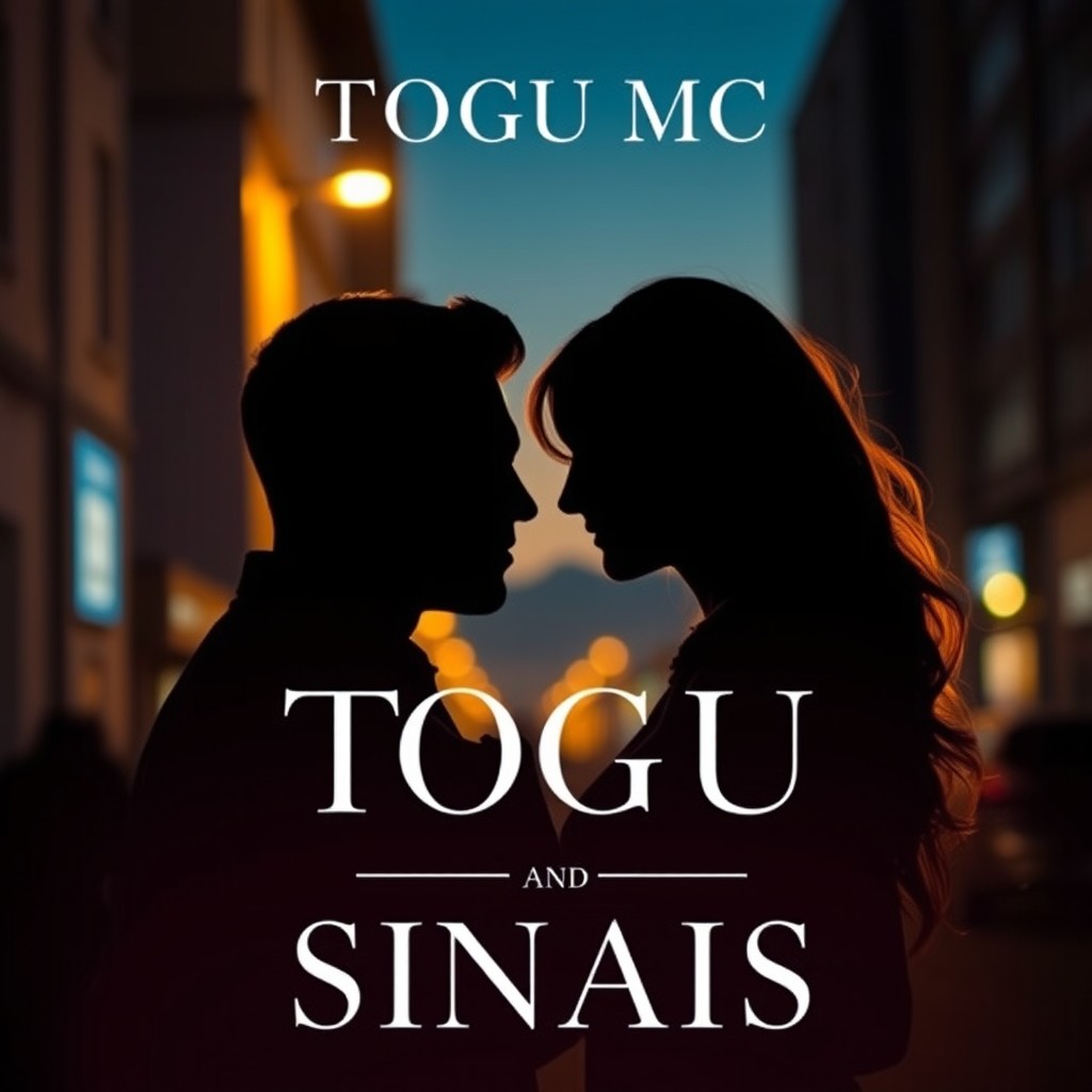 A romantic and urban scene depicting two silhouettes, a man and a woman, exchanging glances and subtle gestures that suggest attraction and connection without words