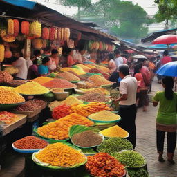 A traditional Jogja market scene, bustling with various food stalls flaunting an array of scrumptious and colorful local snacks.