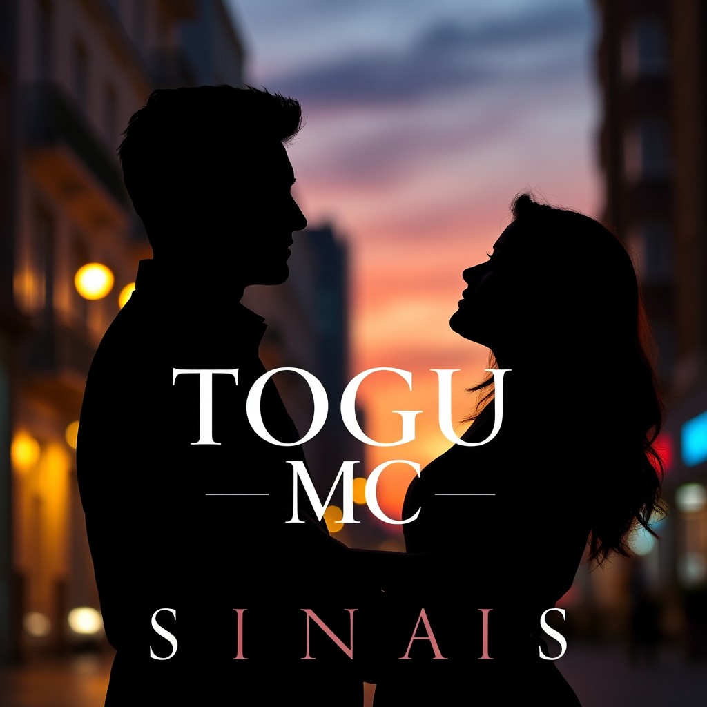 A romantic and urban scene depicting two silhouettes, a man and a woman, exchanging glances and subtle gestures that suggest attraction and connection without words