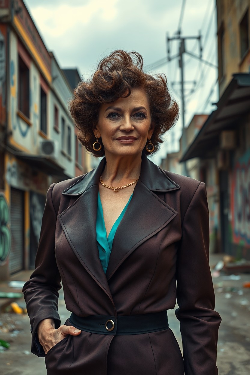 A beautiful and elegant middle-aged woman, dressed in stylish 1980s fashion, standing confidently in a vibrant yet dystopian Brazil