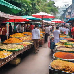 A traditional Jogja market scene, bustling with various food stalls flaunting an array of scrumptious and colorful local snacks.