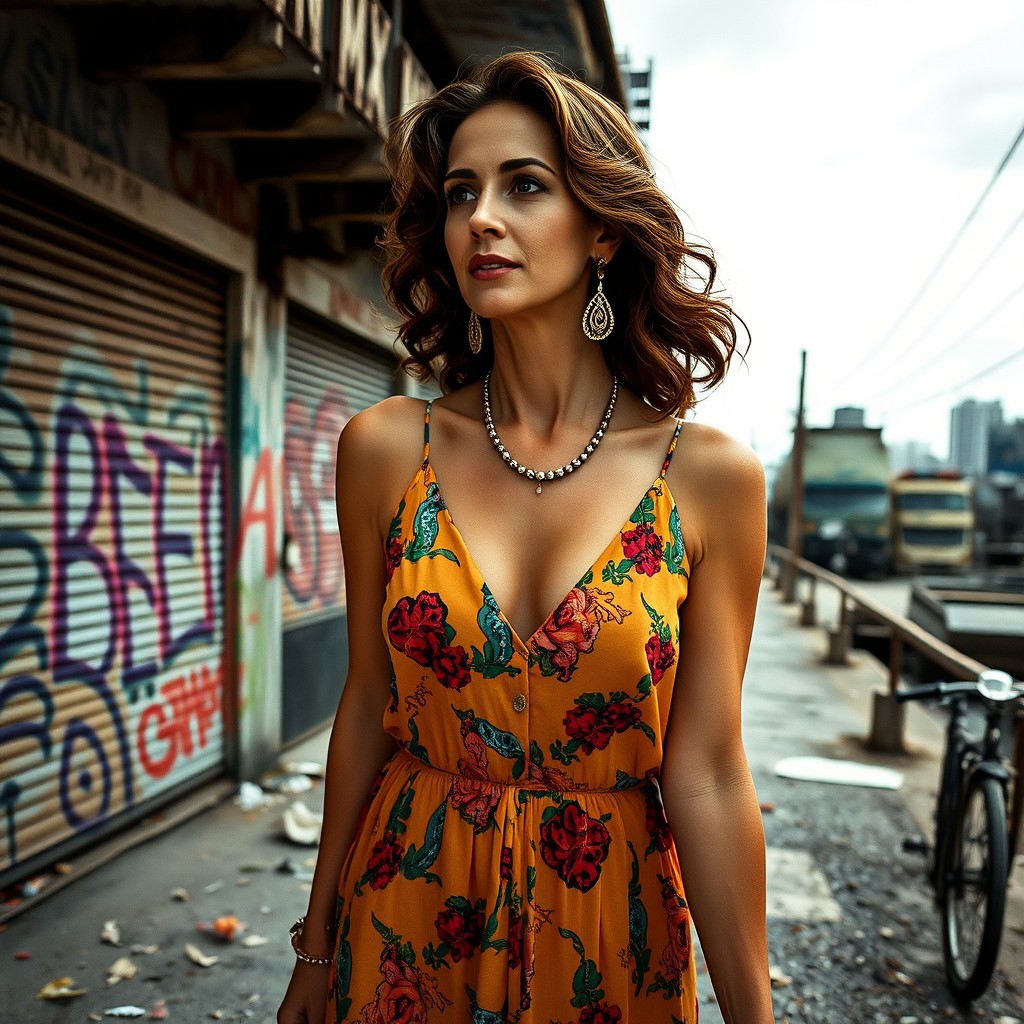 The Girl from Ipanema reimagined as a beautiful middle-aged woman, exuding elegance and confidence while walking through a 1980s dystopian Brazil