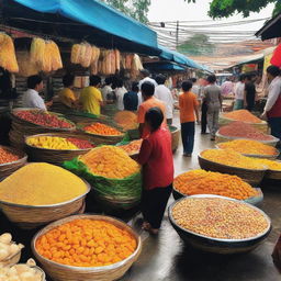 A traditional Jogja market scene, bustling with various food stalls flaunting an array of scrumptious and colorful local snacks.