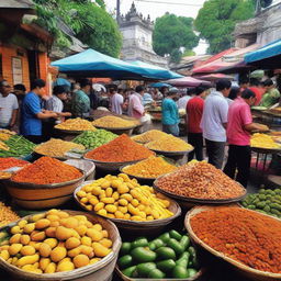 A traditional Jogja market scene, bustling with various food stalls flaunting an array of scrumptious and colorful local snacks.