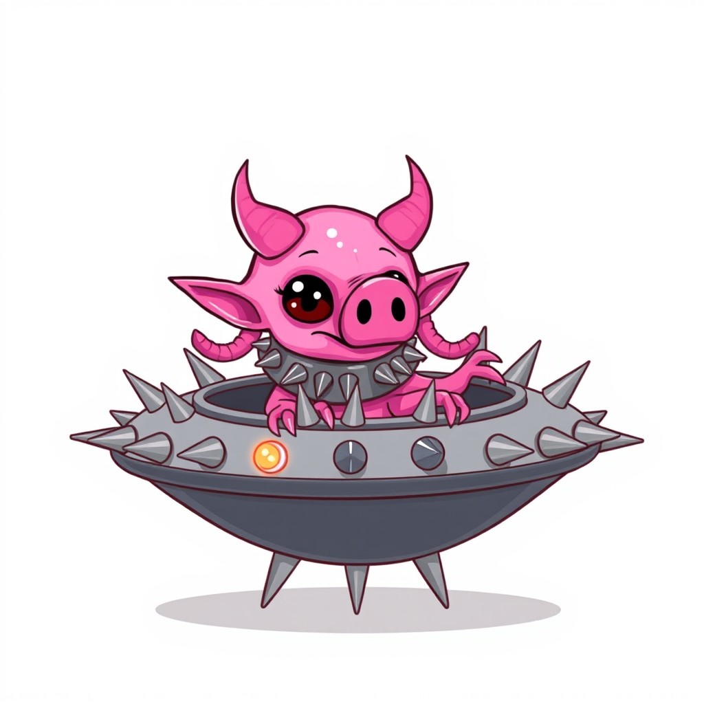 A cute cartoon fluorescent pink alien with devil's horns, five tentacles, two antennas, and a pig's snout
