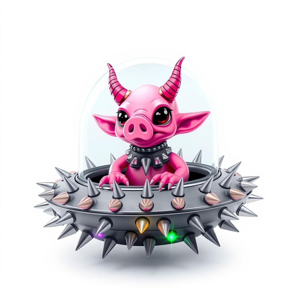 A cute cartoon fluorescent pink alien with devil's horns and a pig's snout, featuring five tentacles and two antennas, is sitting inside a small grey flying saucer