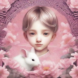 A captivating book cover page featuring a boy and a white mouse sharing an intense gaze on a blossoming pink flower, set against an intricate labyrinth background.