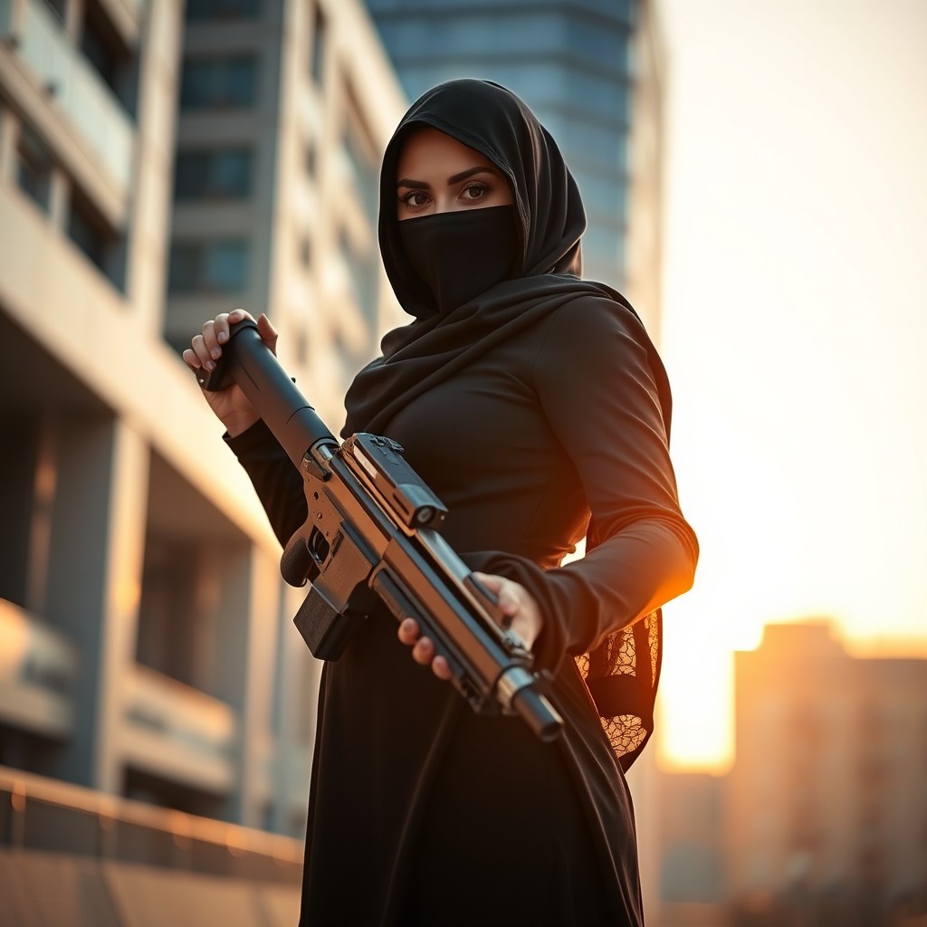 A strong woman in a niqab, confidently holding a weapon, standing in a dramatic pose against an urban backdrop