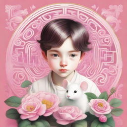 A captivating book cover page featuring a boy and a white mouse sharing an intense gaze on a blossoming pink flower, set against an intricate labyrinth background.