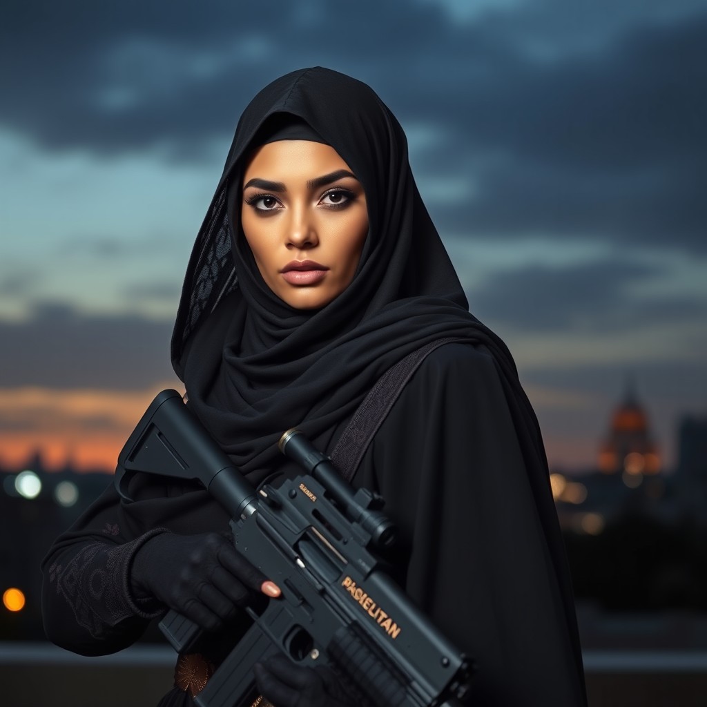 A powerful woman wearing an intricately designed black niqab that elegantly flows, exuding strength and determination