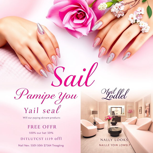 A vibrant and inviting poster design for a beauty and nail salon featuring elegant nail art, luxurious skincare products, and a soothing atmosphere