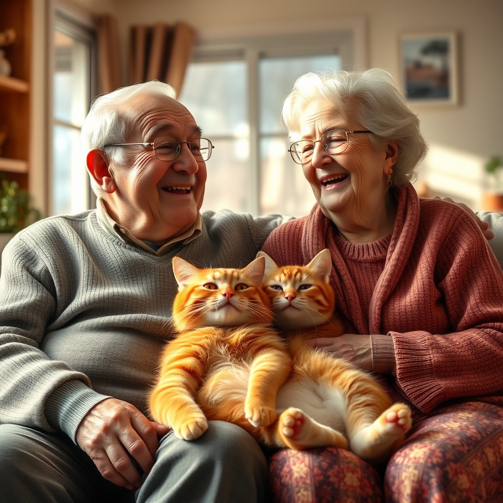 A heartwarming hyper-realistic scene of an elderly grandfather and grandmother sitting together, radiating happiness