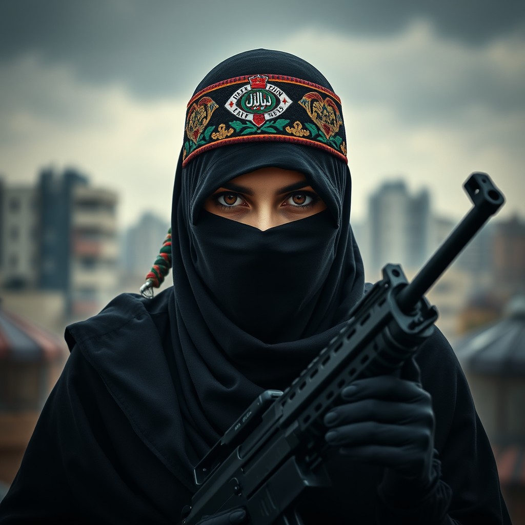 A mysterious woman dressed in a black niqab, with only her eyes visible, confidently holding a weapon