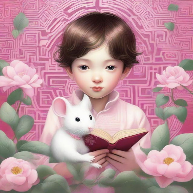 A captivating book cover page featuring a boy and a white mouse sharing an intense gaze on a blossoming pink flower, set against an intricate labyrinth background.