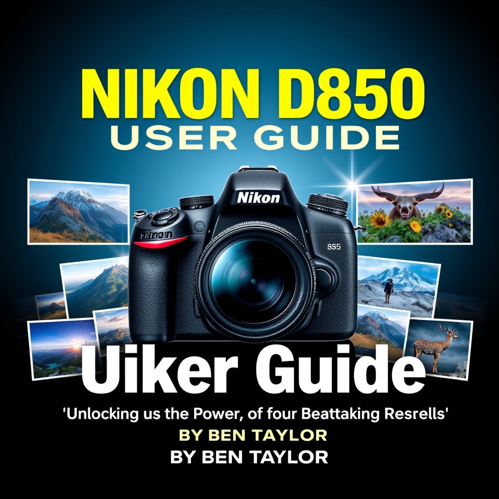 A detailed and visually appealing user guide cover for the Nikon D850 camera, titled 'NIKON D850 USER GUIDE BY BEN TAYLOR, Unlocking the Power of Your Camera for Breathtaking Results'