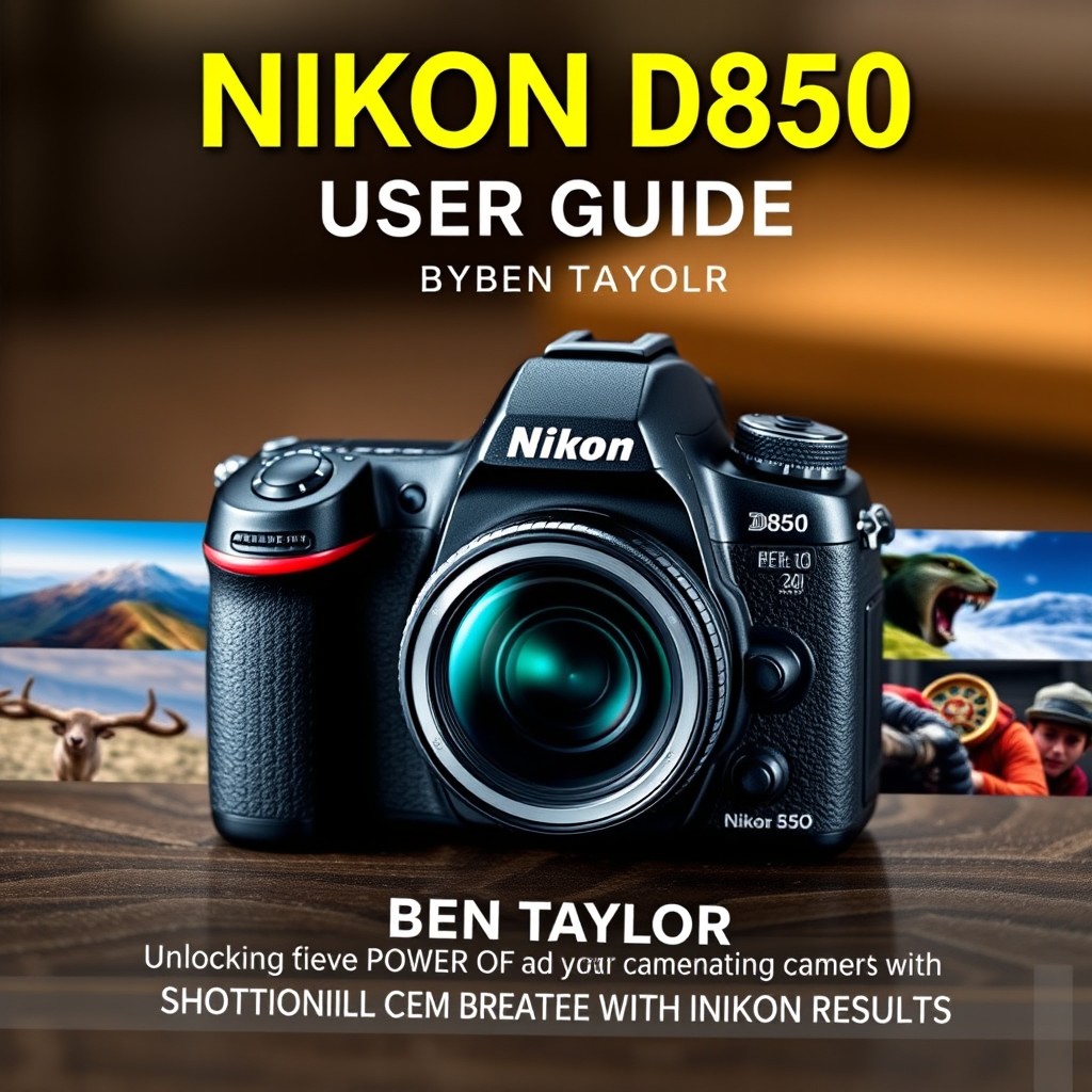 A stunning and informative user guide cover for the Nikon D850 camera, titled 'NIKON D850 USER GUIDE BY BEN TAYLOR, Unlocking the Power of Your Camera for Breathtaking Results'