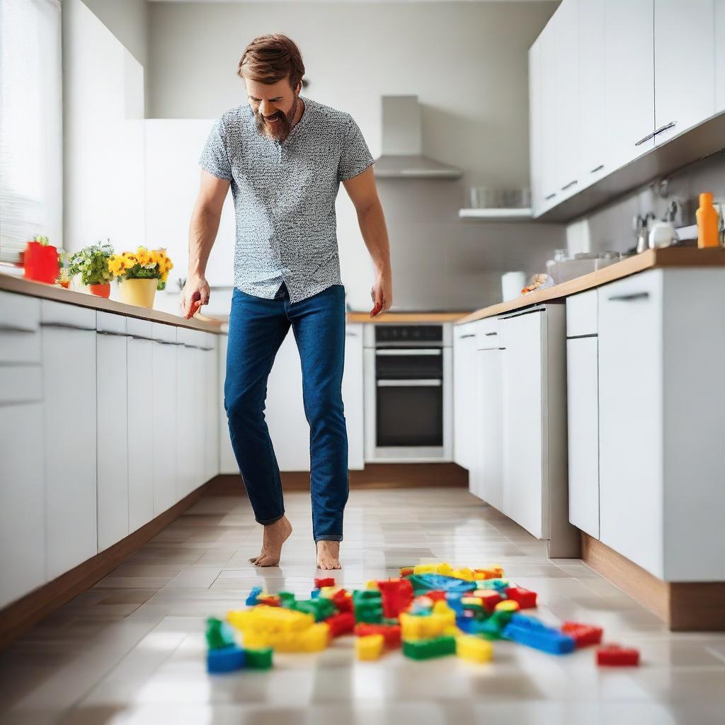 A man strolling barefoot in a modern kitchen, suddenly grimacing in pain as he steps on a brightly colored lego on the floor