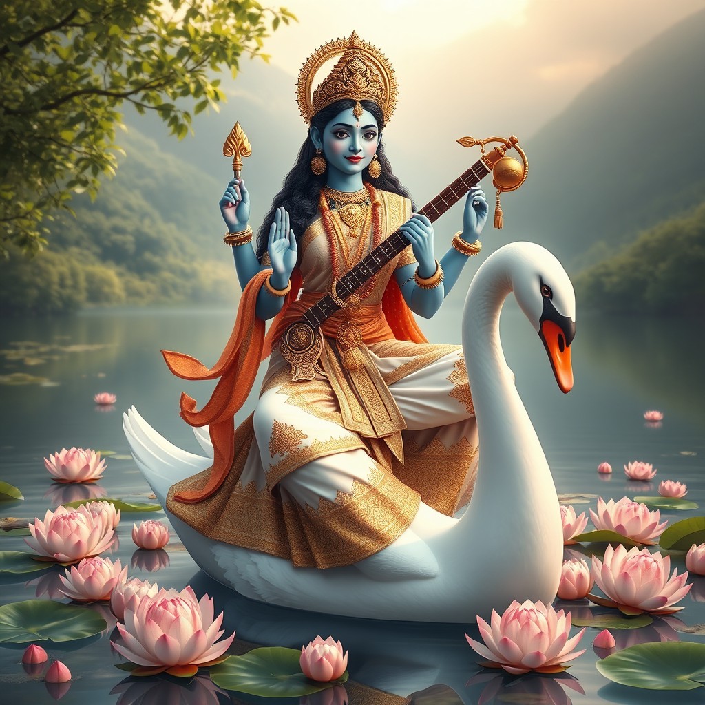 A stunning depiction of the Hindu goddess Saraswati, embodying beauty and wisdom