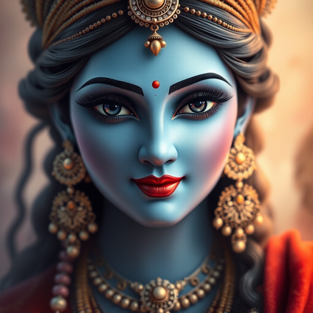 An enchanting close-up portrait of the Hindu goddess Saraswati, featuring only her beautifully detailed face with a bluish hue