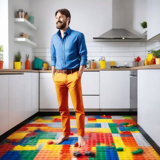 A man strolling barefoot in a modern kitchen, suddenly grimacing in pain as he steps on a brightly colored lego on the floor