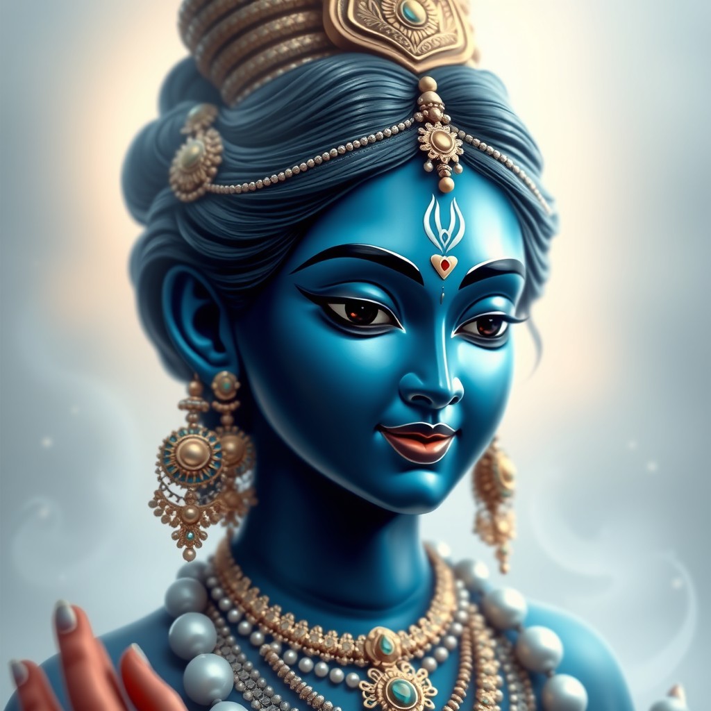 A beautiful depiction of the deity goddess Saraswati, featuring a strikingly dark, silky, and shiny bluish face adorned with intricate jewelry