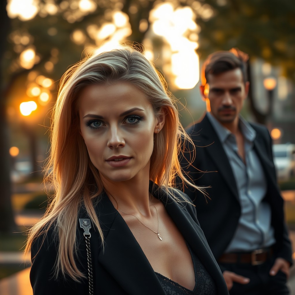 A stunning blonde woman with captivating blue eyes, wearing an elegant outfit, captured in a candid moment while walking in an urban park