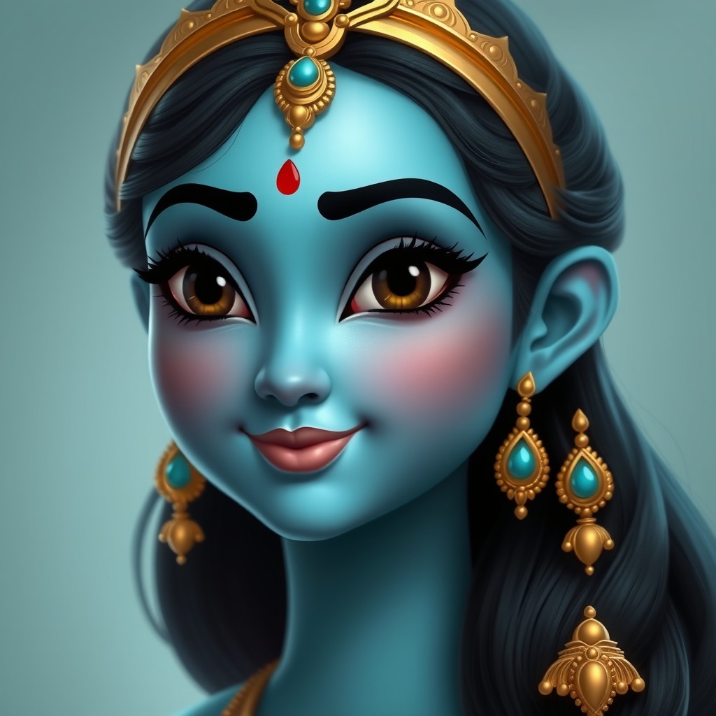 A youthful depiction of an Indian goddess with soft turquoise blue skin that slightly glows and has a smooth texture