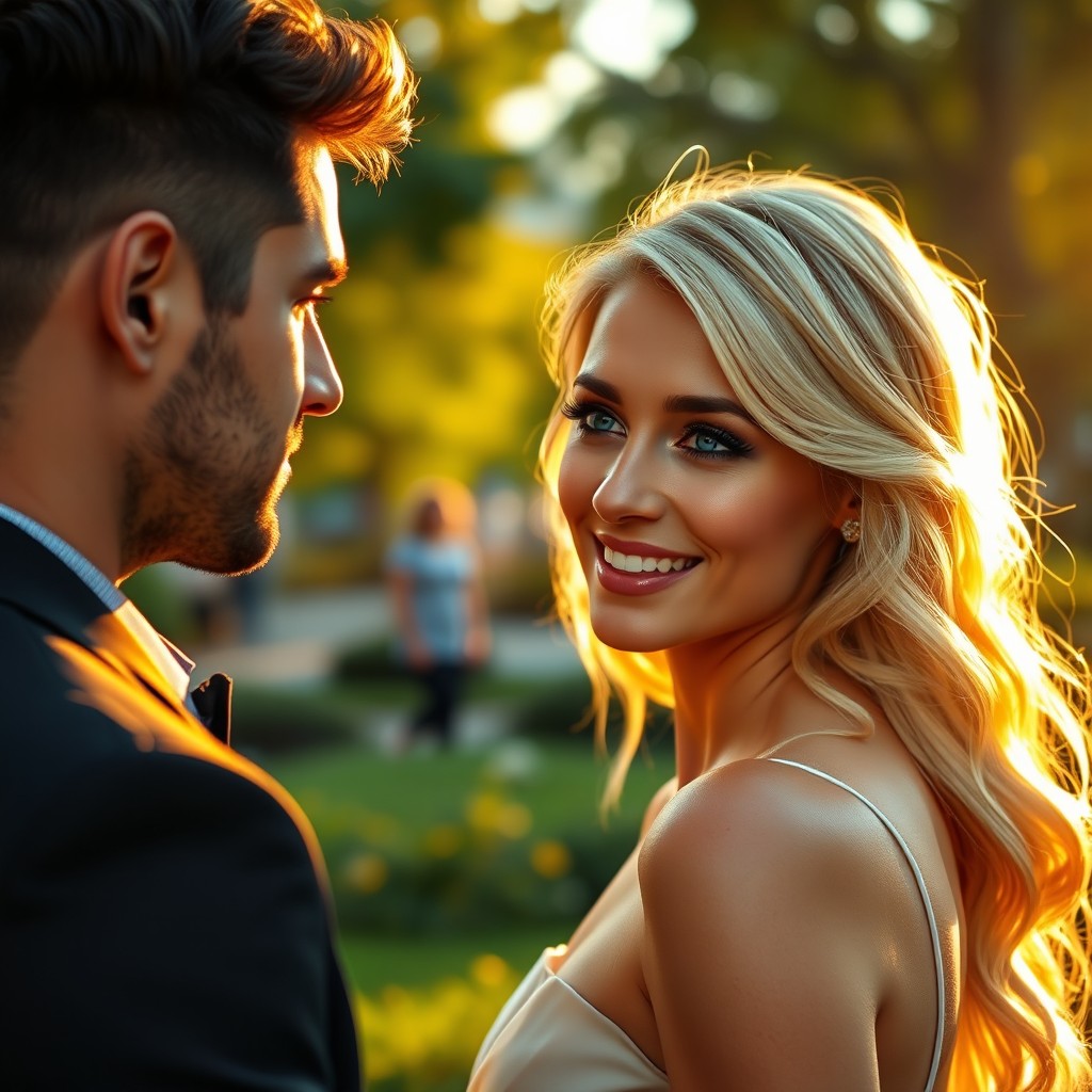 A beautiful blonde woman with bright blue eyes, elegantly dressed, smiling warmly at a handsome man watching her from a distance