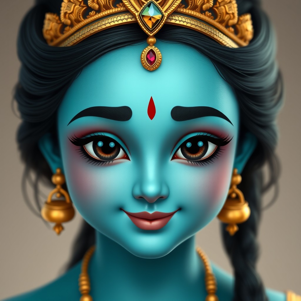A front-facing portrait of a young Indian goddess with a soft turquoise blue skin tone that glows slightly and has a smooth texture
