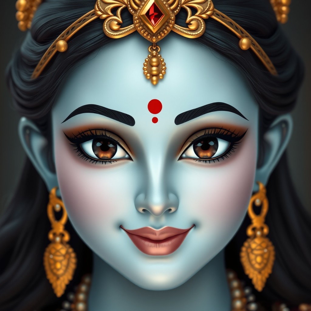 The front sighted face of an Indian goddess with a soft light blue glow emanating from the center of her skin tone