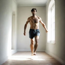 A man comfortably traversing an interior space, showing visible pleasure as he strides barefoot