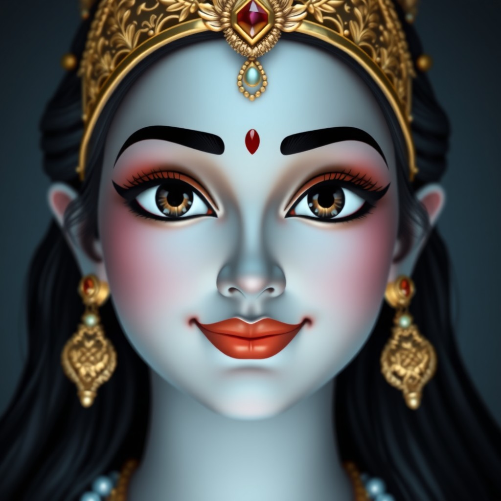 The front sighted face of an Indian goddess with a soft light blue glow emanating from the center of her skin tone