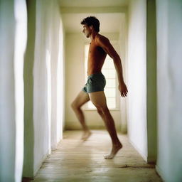 A man comfortably traversing an interior space, showing visible pleasure as he strides barefoot