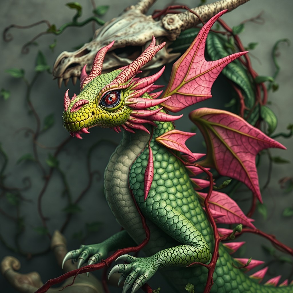 A mystical leaf-like dragon adorned with vibrant green and pink scales