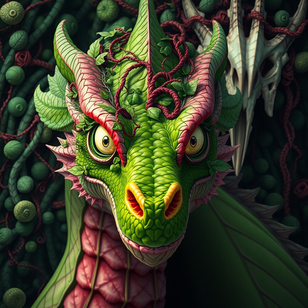 A fantastical leaf-like dragon featuring lush green and delicate pink scales