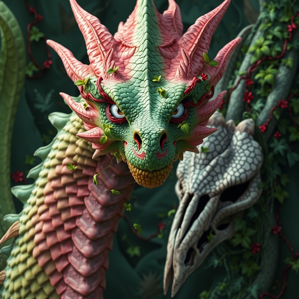 A tall and majestic leaf-like dragon featuring an enchanting blend of green and pink scales