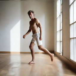 A man comfortably traversing an interior space, showing visible pleasure as he strides barefoot