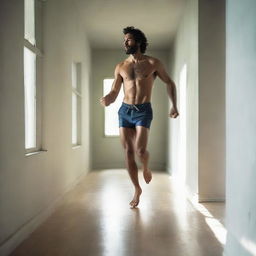 A man comfortably traversing an interior space, showing visible pleasure as he strides barefoot