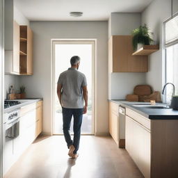 A man amiably wandering barefoot in a well-lit, modern kitchen, revealing a sense of comfort and relaxation