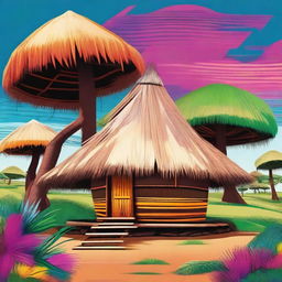 A vibrant and highly detailed digital art illustration of an African hut with a thatched roof