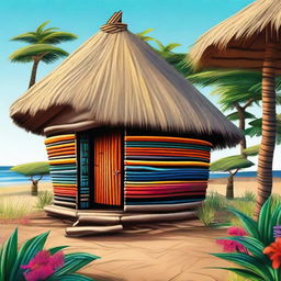 A vibrant and highly detailed digital art illustration of an African hut with a thatched roof