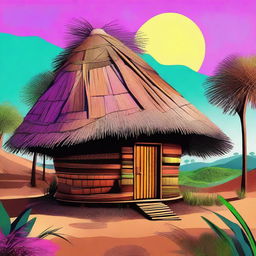 A vibrant and highly detailed digital art illustration of an African hut with a thatched roof