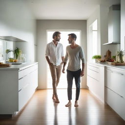 A man amiably wandering barefoot in a well-lit, modern kitchen, revealing a sense of comfort and relaxation