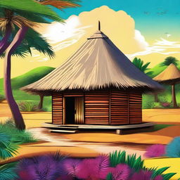 A vibrant and highly detailed digital art illustration of an African hut with a thatched roof