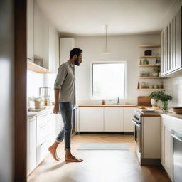 A man amiably wandering barefoot in a well-lit, modern kitchen, revealing a sense of comfort and relaxation