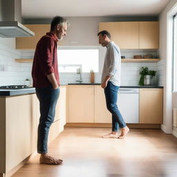 A man amiably wandering barefoot in a well-lit, modern kitchen, revealing a sense of comfort and relaxation