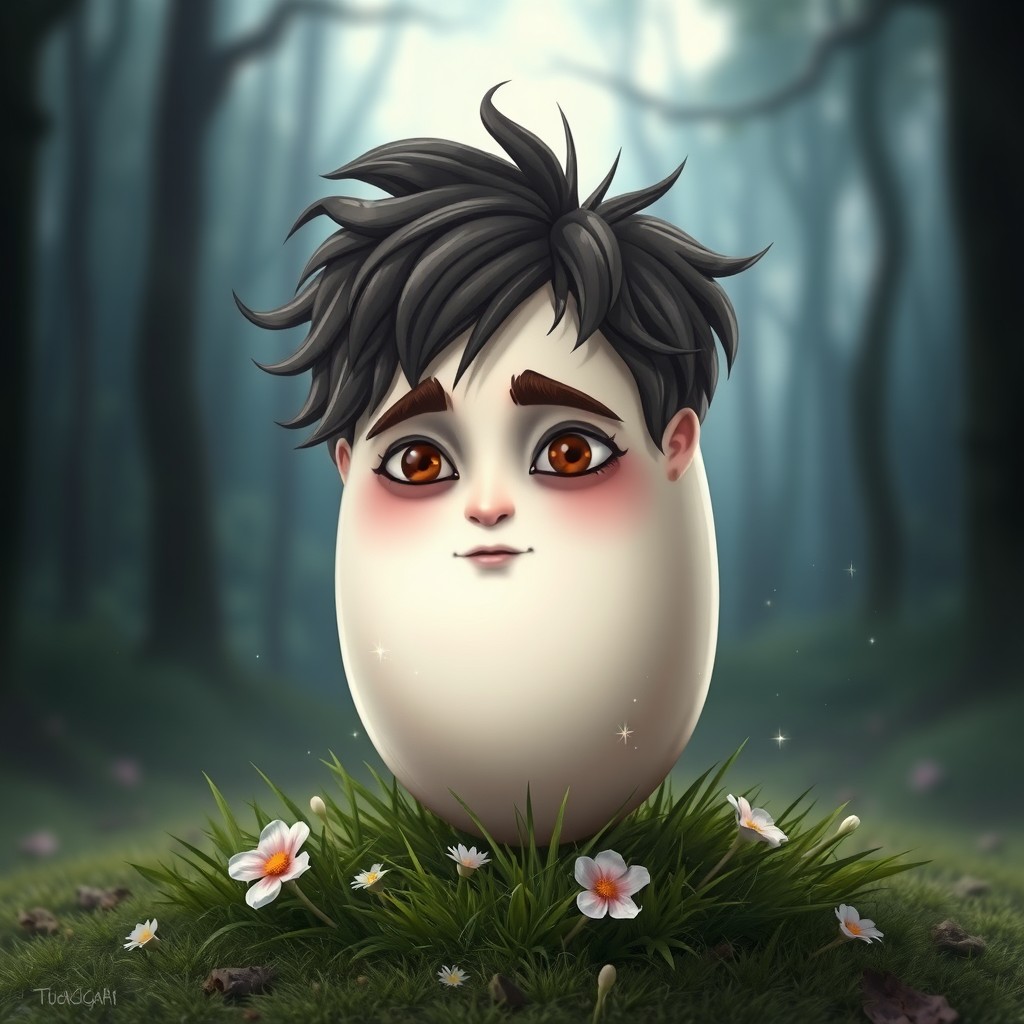 A whimsical and humorous portrayal of a character resembling Edward Cullen from the Twilight series as an egg