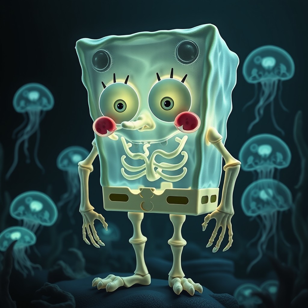 A skeletal and eerie version of SpongeBob SquarePants, featuring exaggerated bony structures and a ghostly, translucent texture